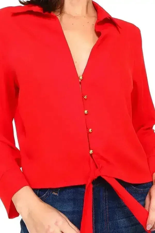 Solid Button Down Tie Front Blouse | Femstylo
