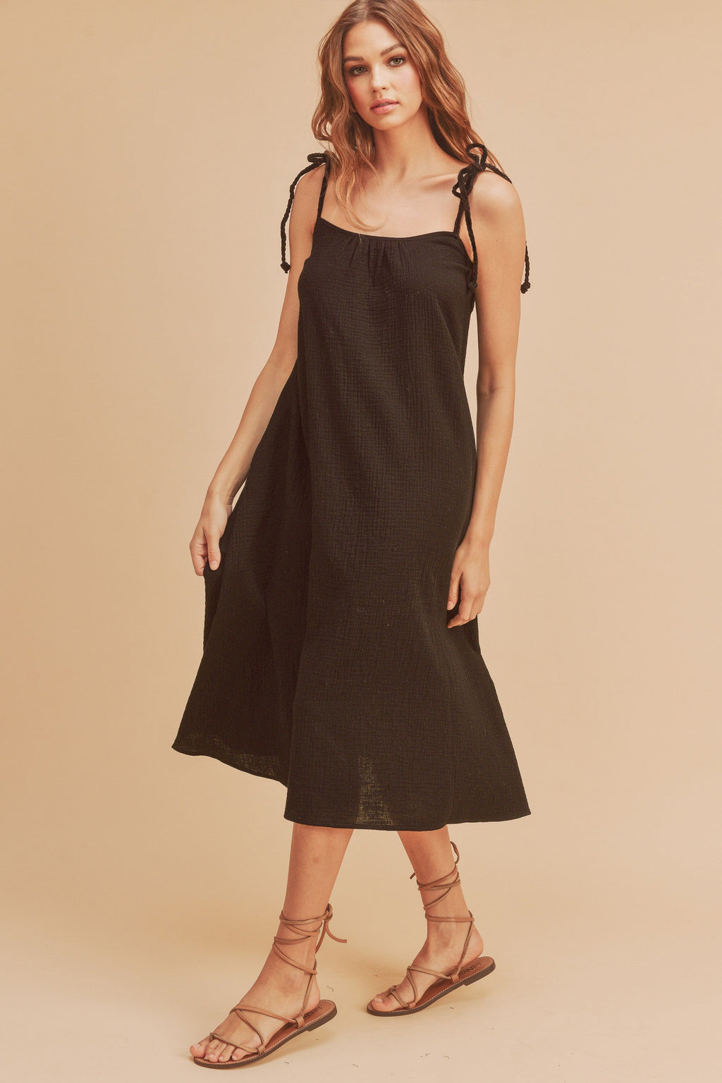 New Summer Midi Cami Dress For Women with Braided Tie Shoulder & Pockets – Soft Cotton Gauze Fabric, Chic & Comfortable Design For Every Occasion