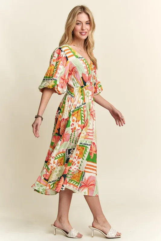 New Summer Floral V-Neck Puff Sleeve Midi Dress For Women – Feminine, Charming, Elegant, Eye-Catching, Perfect for Any Occasion