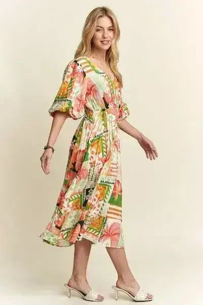 Floral V-Neck Puff Sleeve Summer Midi Dress – femstylo