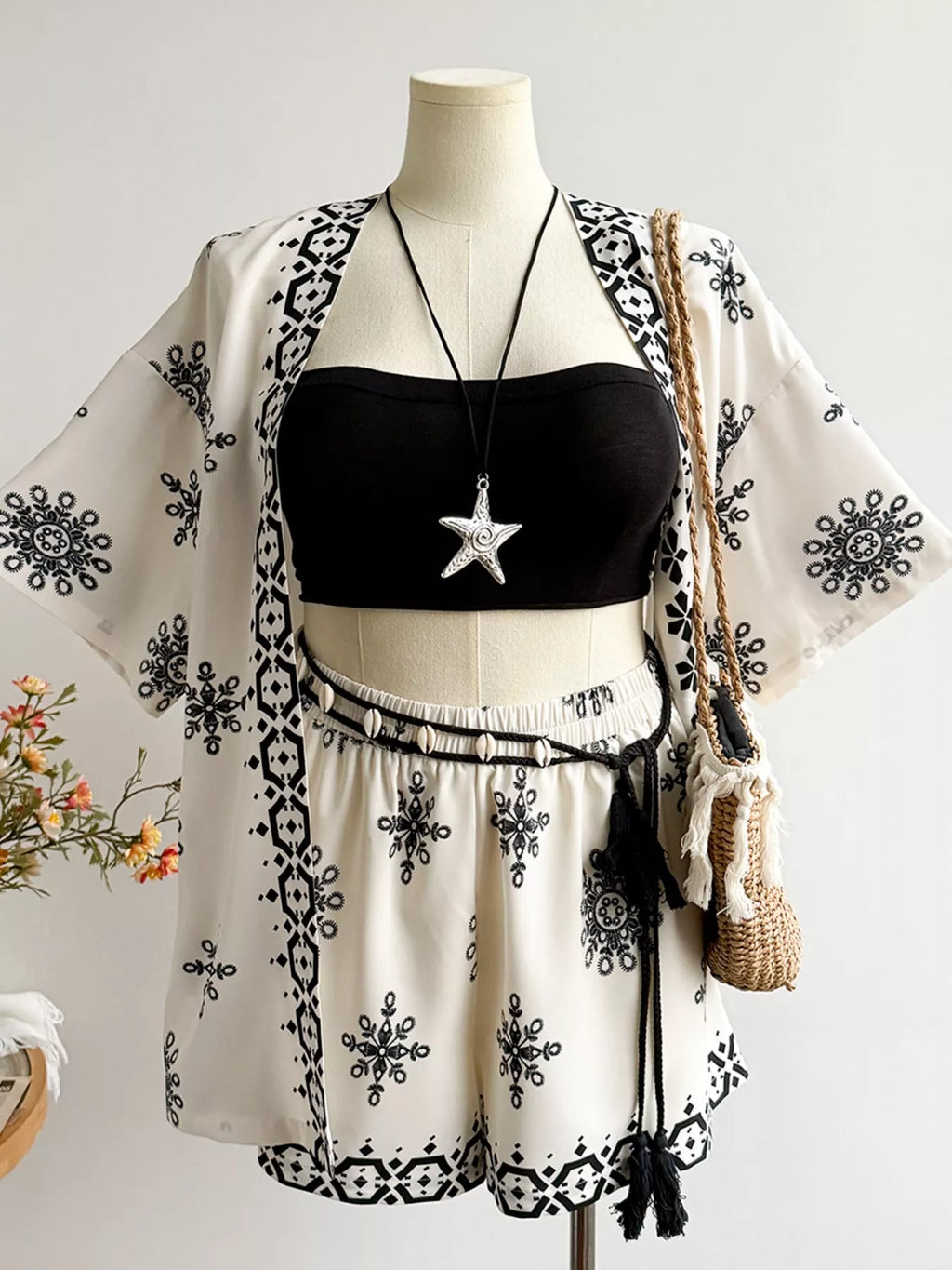 Plus Size Printed Open Front Cardigan and Shorts Set