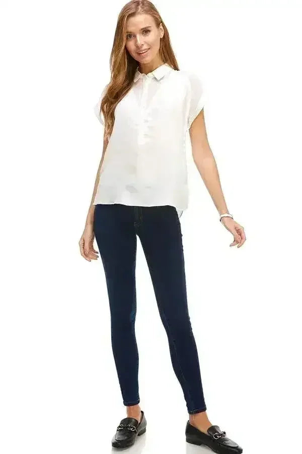 Rolled Sleeve Satin Blouse – Silk V-Neck Button-Up Tope | Femstylo