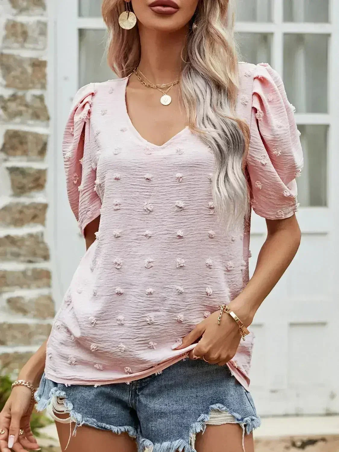 Blush Pink Swiss Dot Short Puff Sleeve Top | Femstylo