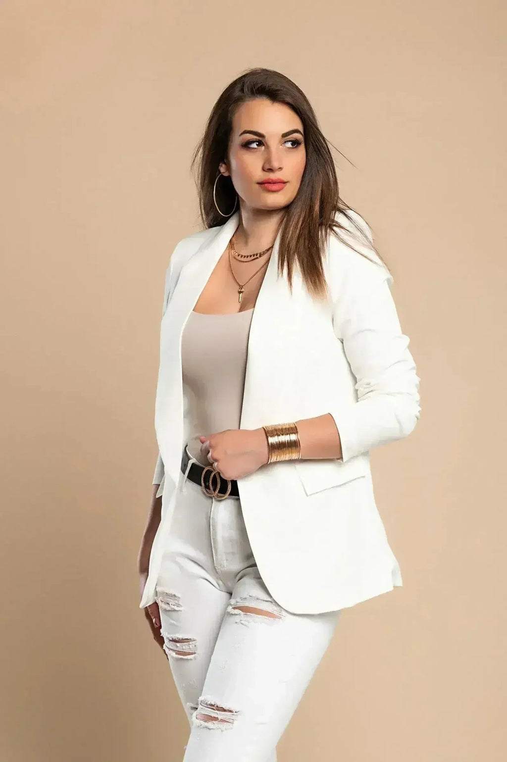 White Long Blazer with 3/4 Sleeves - Italian Made | Femstylo