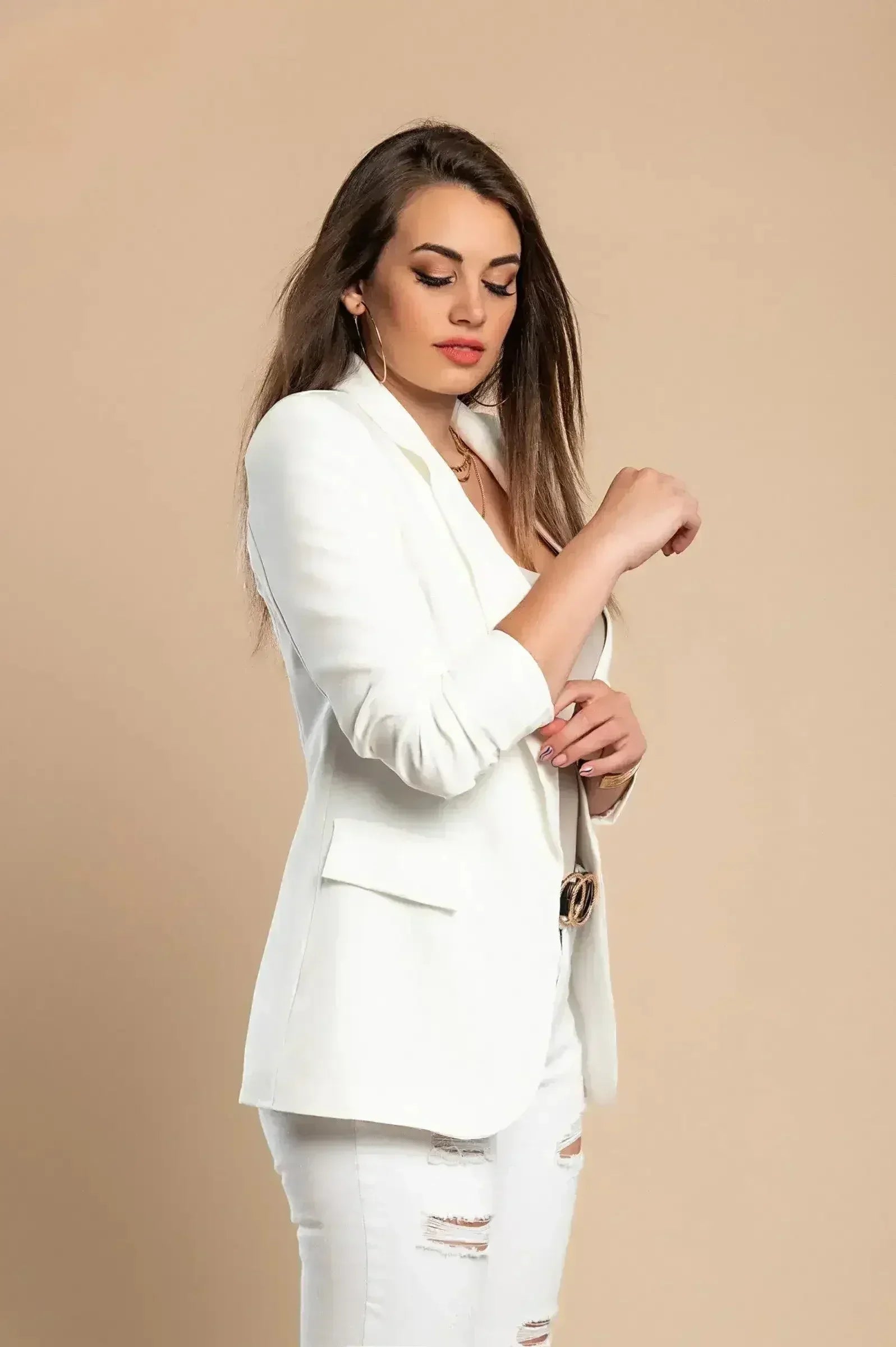 White Long Blazer with 3/4 Sleeves - Italian Made | Femstylo