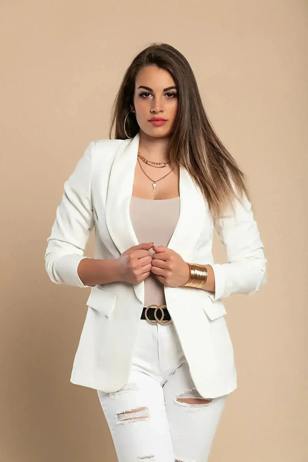 White Long Blazer with 3/4 Sleeves - Italian Made | Femstylo