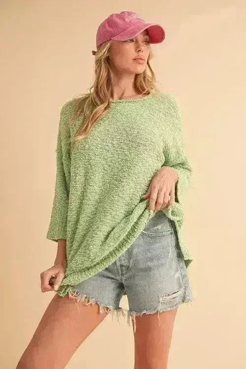 Ribbed Hem Sweater - Side Slit Round Neck Pullover | Femstylo