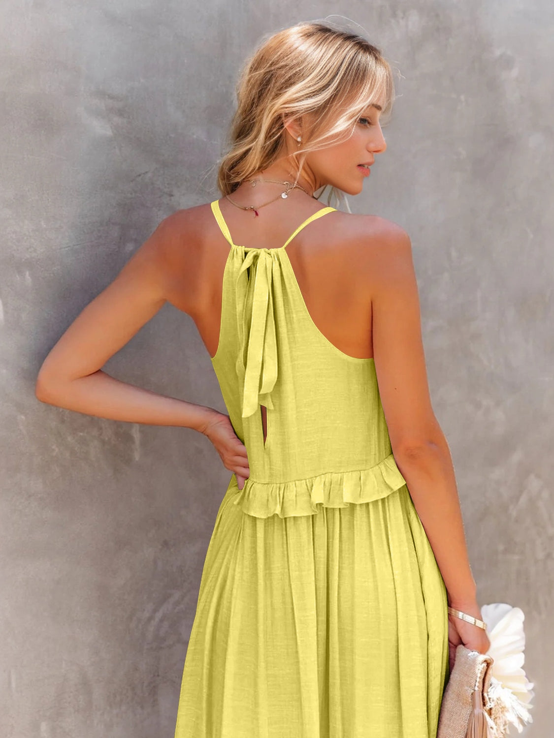 Romantic Ruffled Sleeveless Tiered Maxi Dress with Pockets Elegant & Chic Statement Beautiful Design Dress