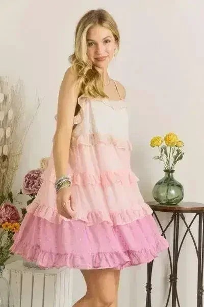 Swiss Dot Ruffled Tiered Lined Mini Dress | Femstylo