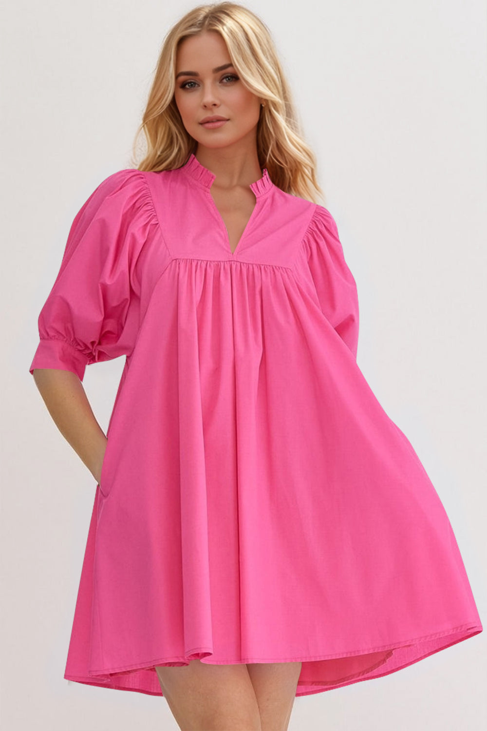Pink Puff Sleeve Mini Dress Casual and Feminine Dress for Women Simple Classic Summer Dress