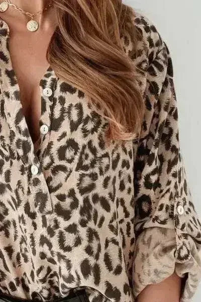 Leopard Button Detail Notched Long Sleeve Blouse | Femstylo
