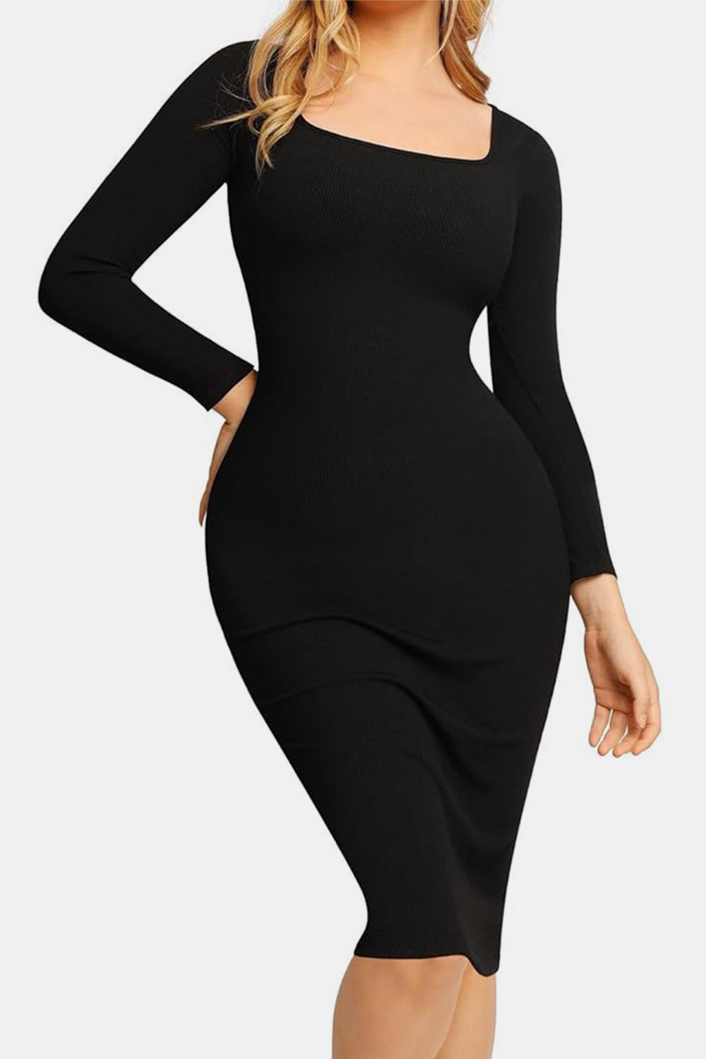 Elegant Black Full Size Built-In Shapewear Square Neck Long Sleeve Dress Sculpting Fit Dress for Women