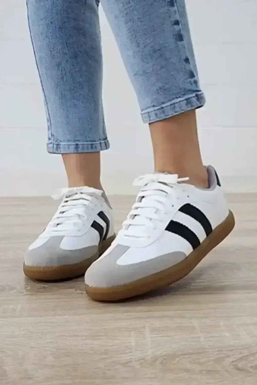 White Striped Lace Up Flat Sneakers