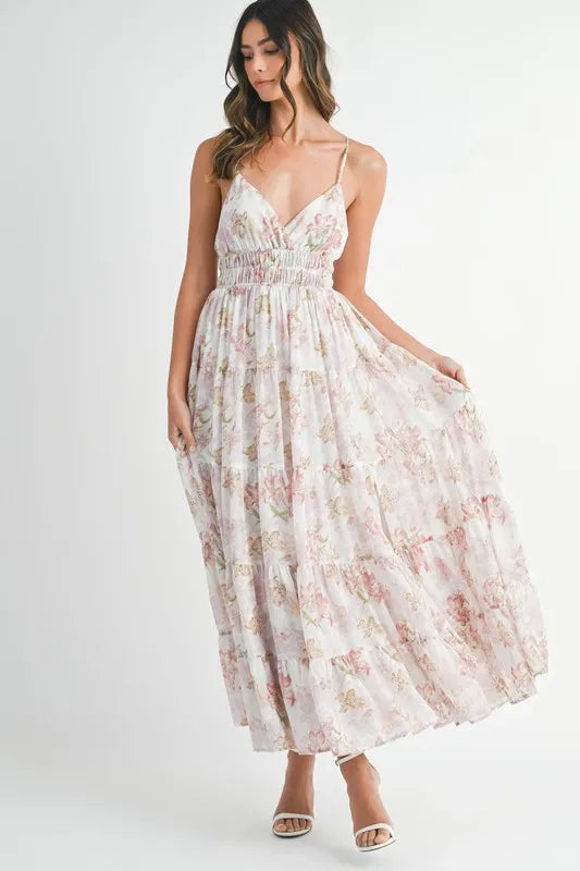 Floral Print Tiered Cami Maxi Summer Dress – Floral Maxi Dress, Tiered Maxi Dress, Cami Maxi Dress, Breezy Summer Dress, Bohemian Maxi Dress