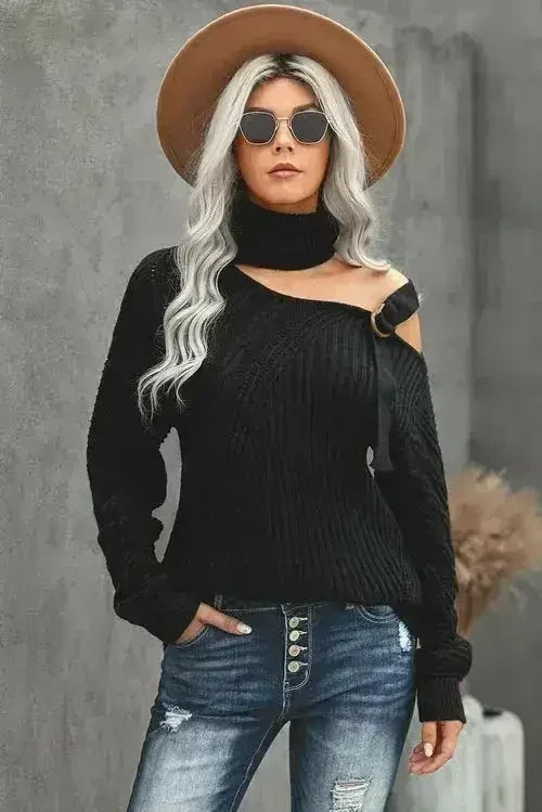 Winter Black Strapped Cut out Shoulder Turtleneck Sweater