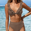New Elegance Curve V-Neck Bikini Set – Sleek Solid Color High Waist Swimsuit with High-Cut Leg and Delicate Lettuce Trim – Stretch Comfort and Easy-Care Two-Piece Swimwear for Women’s Poolside Style