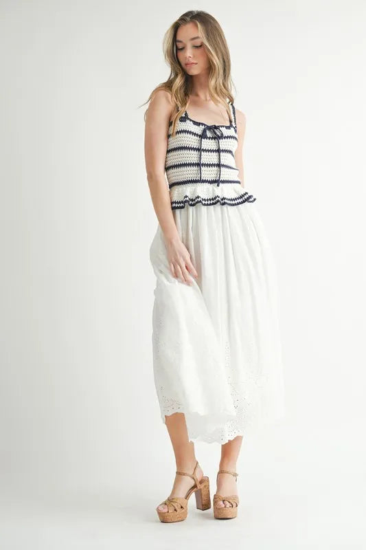 Crochet Stripe Knit Eyelet Mix Midi Dress – Crochet Midi Dress, Stripe Knit Dress, Eyelet Mix Dress, Trendy Midi Dress, Versatile Midi Dress