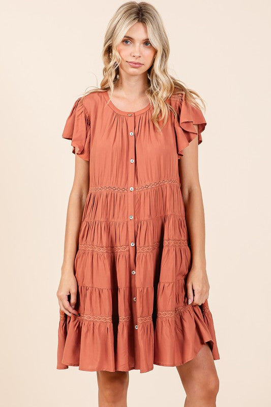 Lace Detail Ruffled Button Down Tiered Dress For Women – Romantic, Fluttering, Trendy, Elegant, Boho, Feminine & Whimsical Style