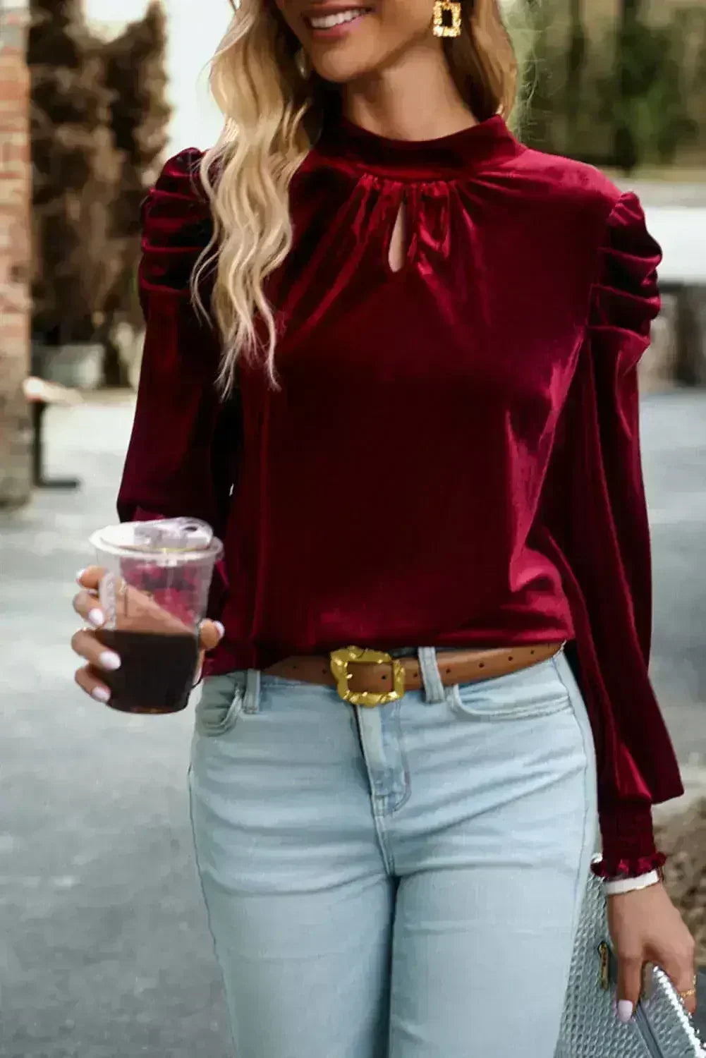 Fiery Red Velvet Blouse - Mock Neck & Puff Sleeves | Femstylo