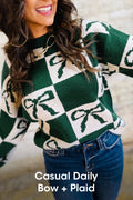 Blackish Green Bow Print Checkered Knit Sweater