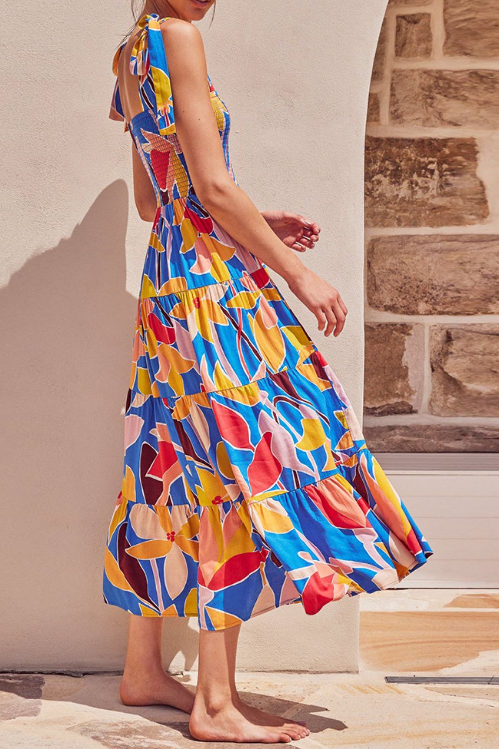 Multicolored Floral Tie-Shoulder Smocked Maxi Dress Elegant & Flowy Summer Style Dress