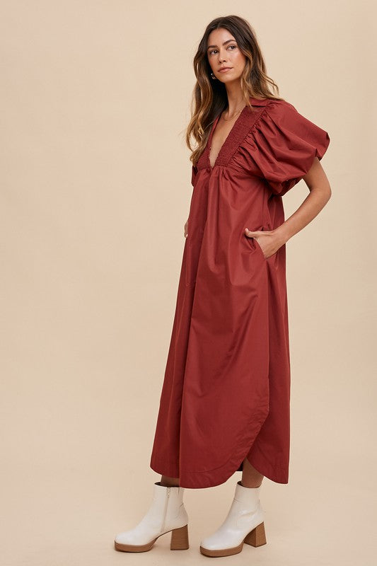 Smocked Puff Sleeve Midi Dress For Women – Feminine and Trendy Midi Dress with Smocked Detailing and Dramatic Puff Sleeves for a Sophisticated Look
