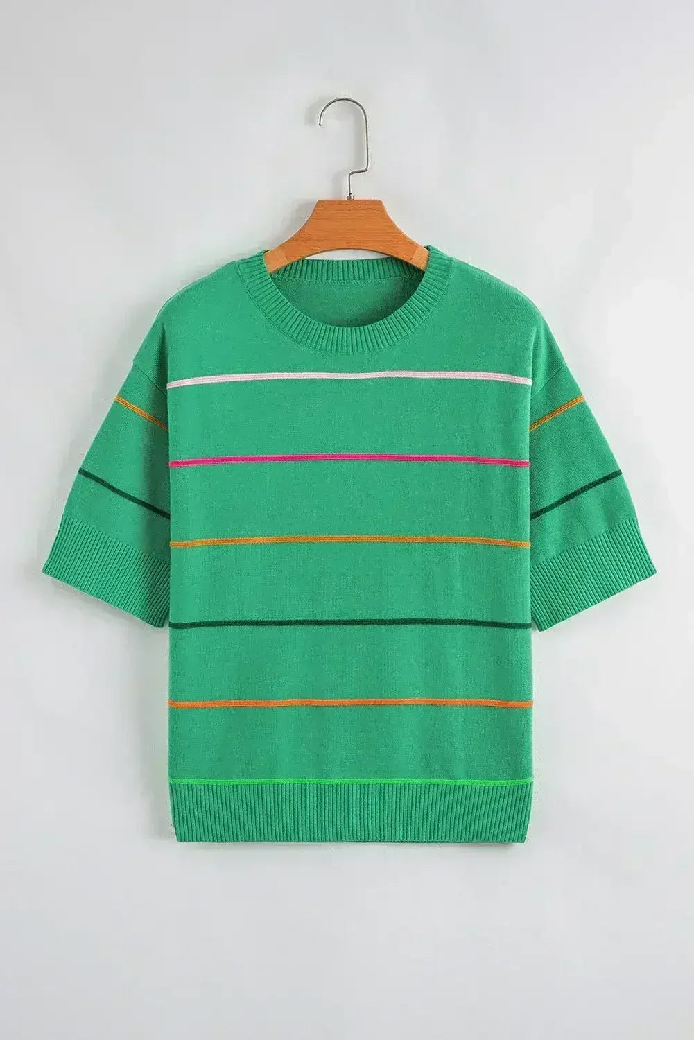 White Striped Half Sleeve Drop Shoulder Sweater