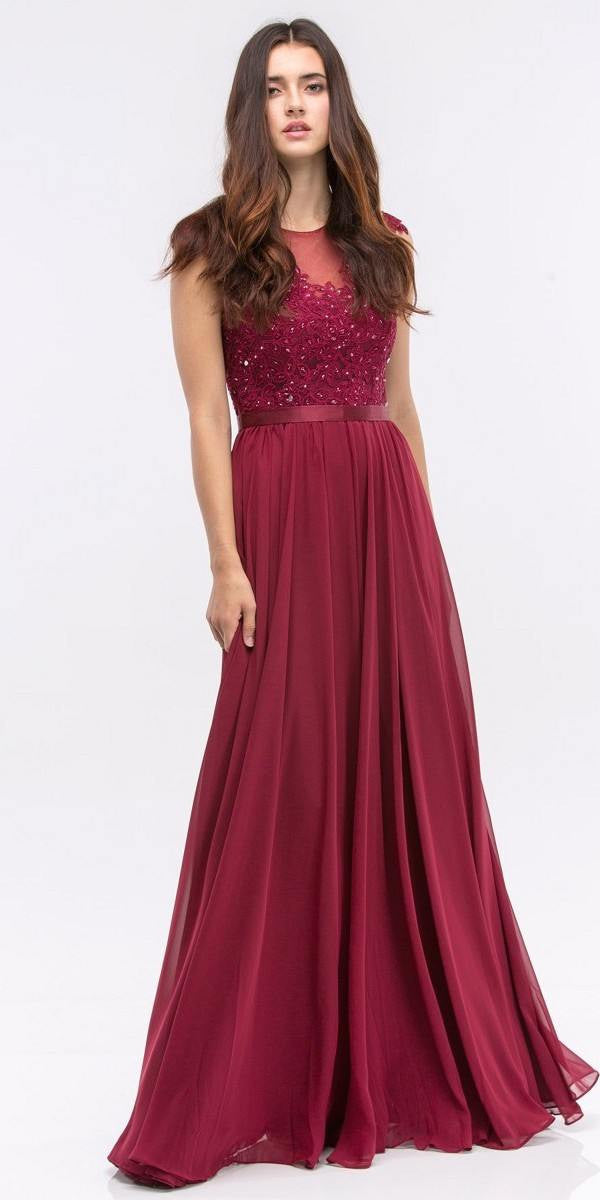 CLEARANCE - Eureka 3611 Lace Illusion Bodice Bateau Neck A-line Long Dress (Size L)