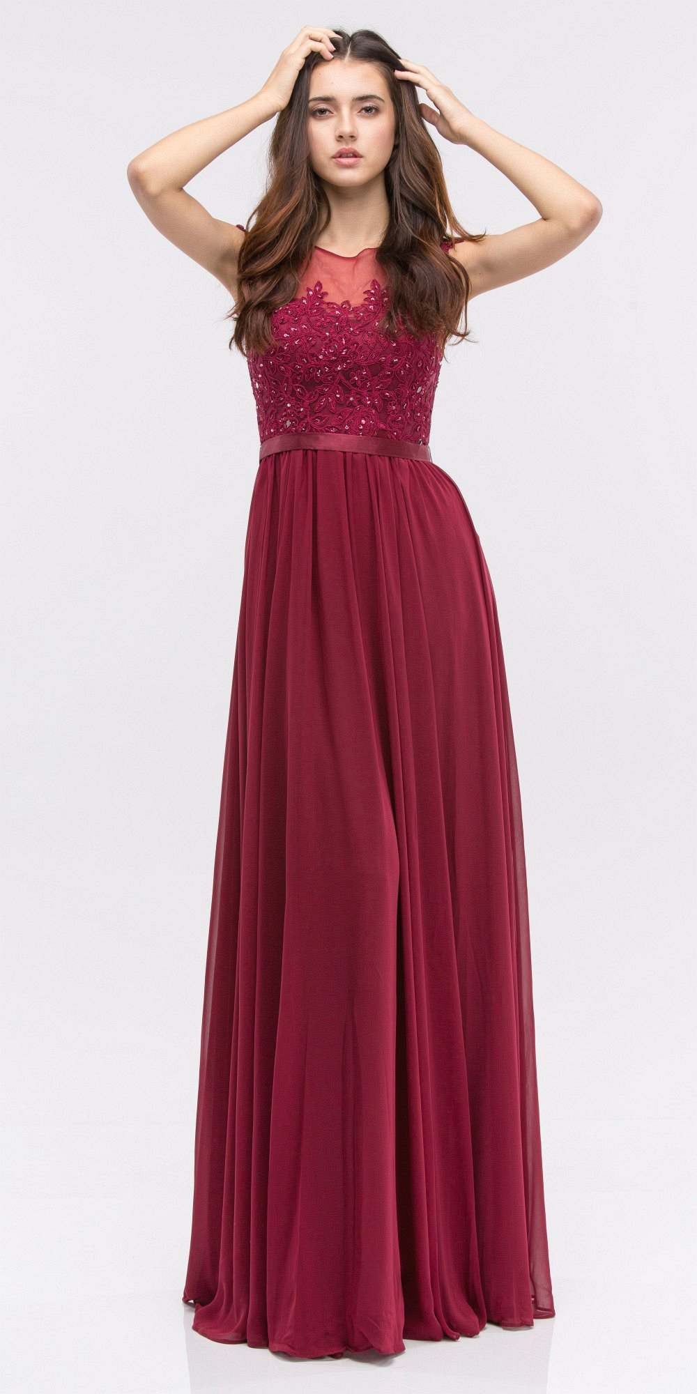 CLEARANCE - Eureka 3611 Lace Illusion Bodice Bateau Neck A-line Long Dress (Size L)
