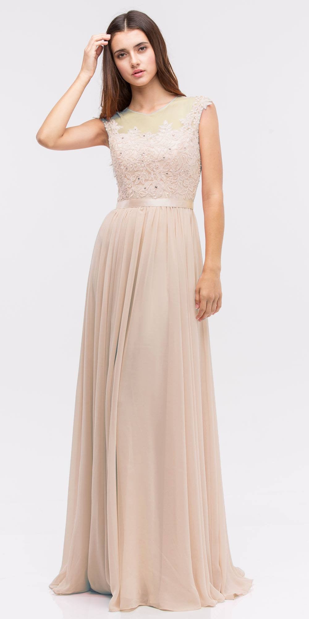 CLEARANCE - Eureka 3611 Lace Illusion Bodice Bateau Neck A-line Long Dress (Size L)