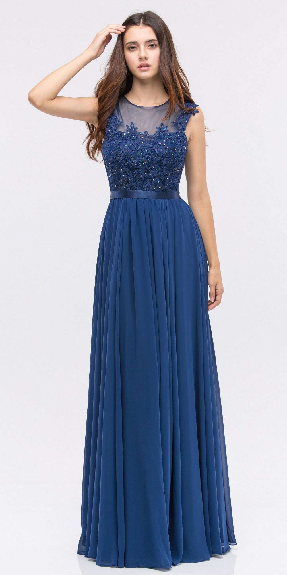 CLEARANCE - Eureka 3611 Lace Illusion Bodice Bateau Neck A-line Long Dress (Size L)