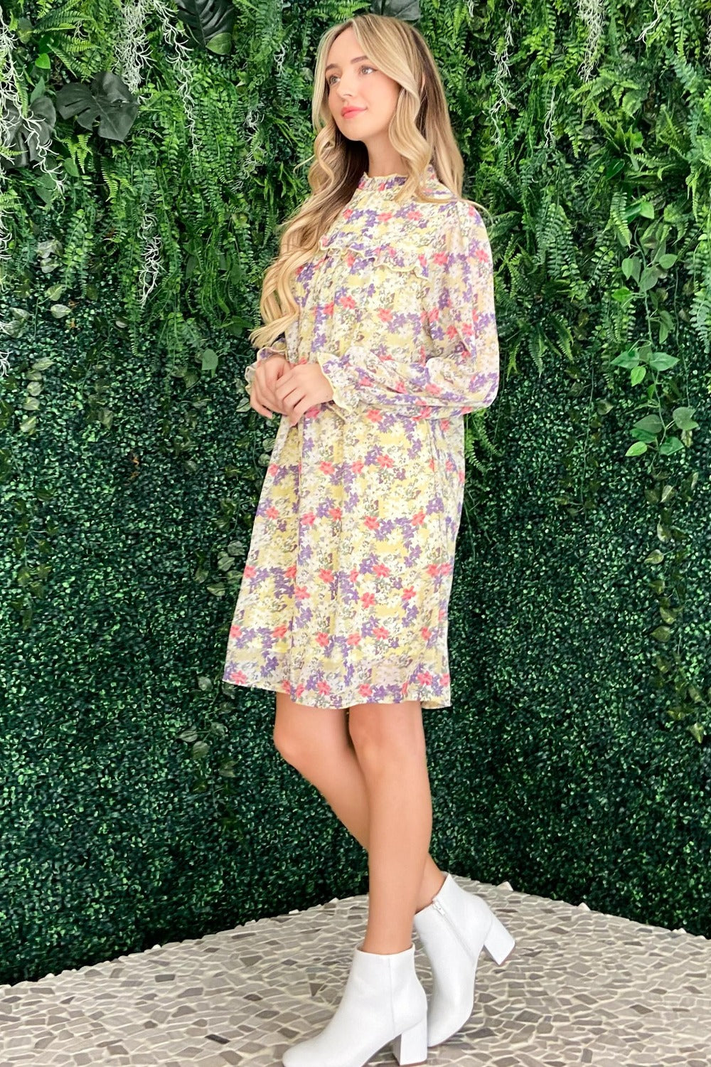 Floral Mock Neck Flounce Sleeve Summer Dress – Mock Neck Dress, Flounce Sleeve Dress, Floral Pattern Dress, Elegant Floral Dress, Sophisticated Dress