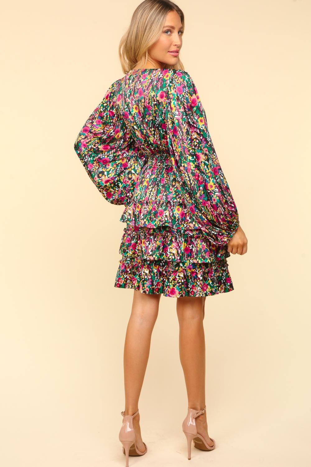 V-Neck Satin Floral Layered Dress – Satin Floral Dress, Layered V-Neck Dress, Elegant Floral Dress, Flowy Satin Dress, Summer Party Dress