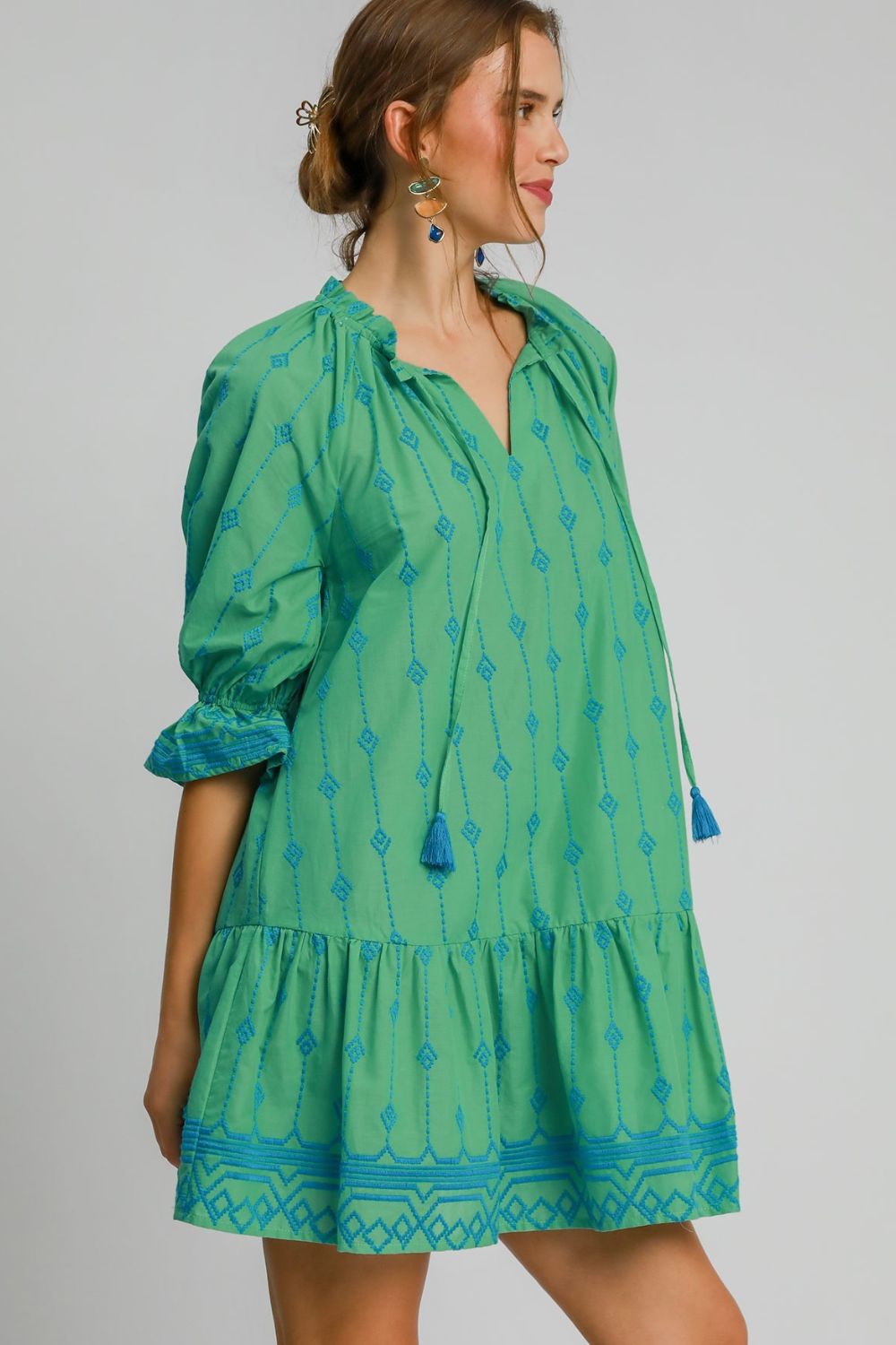Full Size Tassel Embroidered Sleeve Mini Dress Plus Size Feminine & Stylish Green Dress