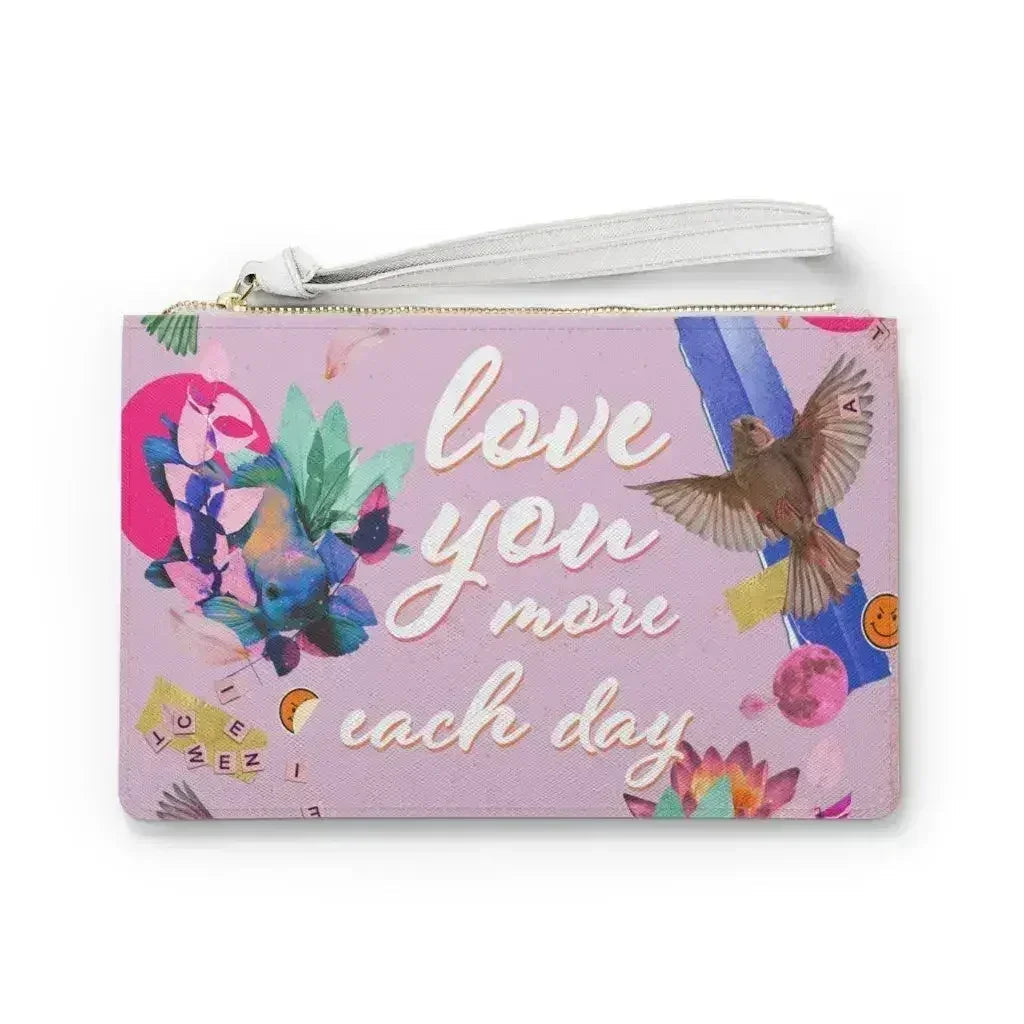 Love You More Each Day Floral Designed Zipped Clutch Bag