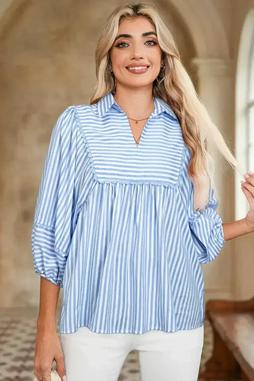 Sky Blue Striped Ric Rac Trim Collared V Neck Blouse