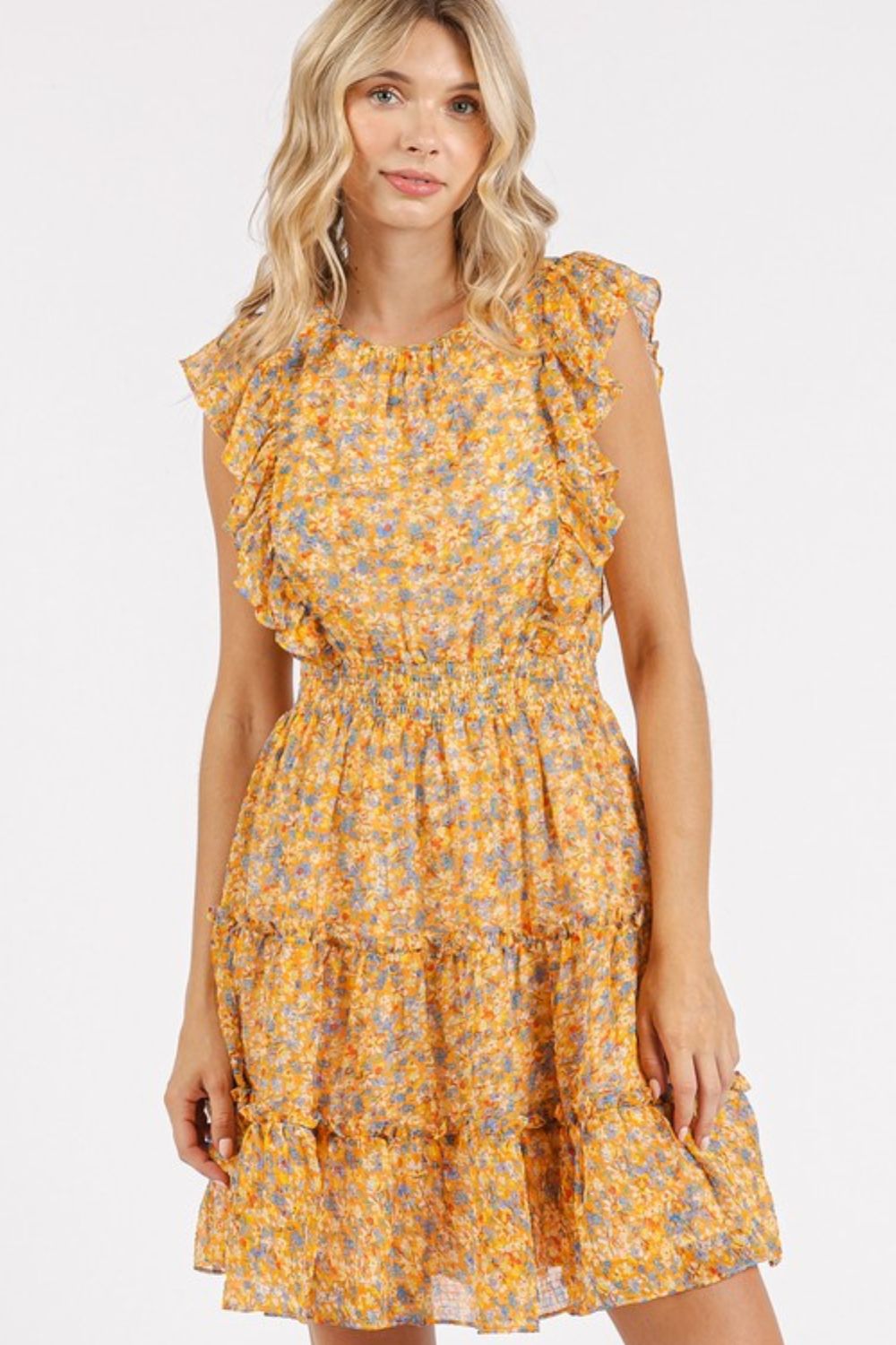 New Summer Ditsy Floral Print Ruffle Chiffon Mini Dress – Fluttering, Playful and Feminine Dress with Ruffle Details and Soft Chiffon Fabric