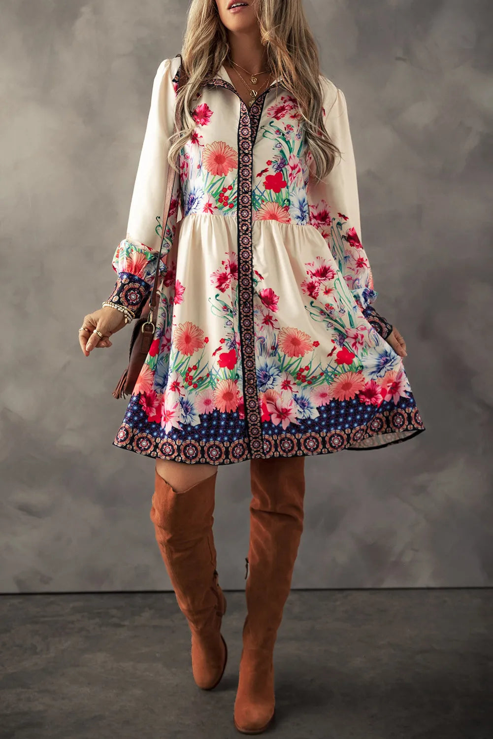 Vintage Flower Button Down Lantern Sleeve Dress Feminine Floral Dress For Women