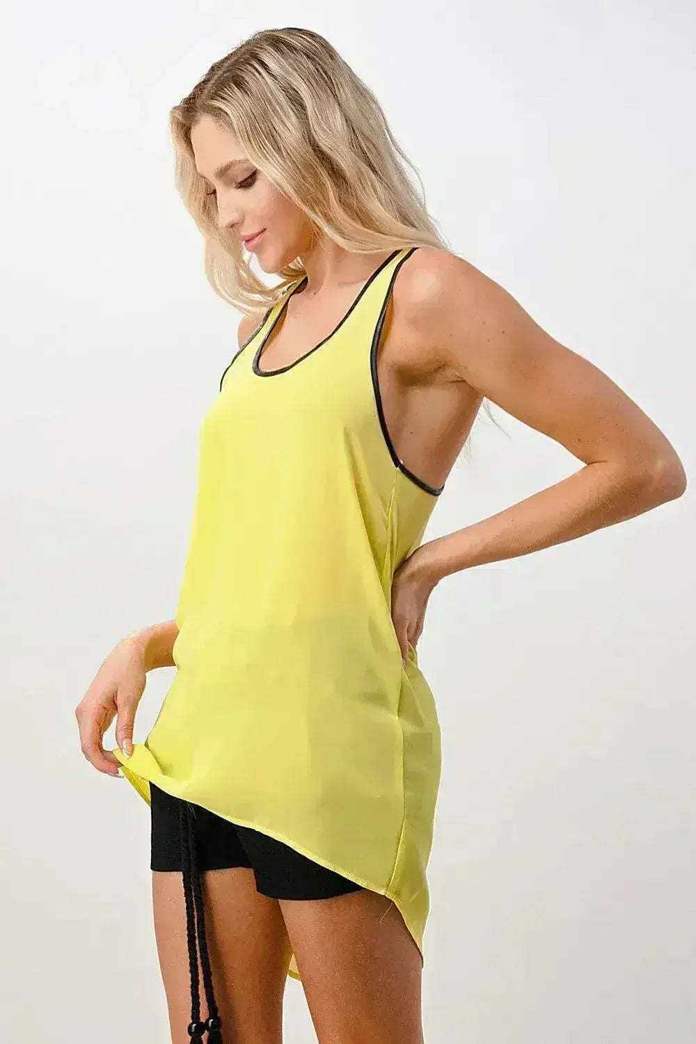 Vegan Leather Trim Tank Top - Scoop Neck Cami in Pink & Yellow | Femstylo