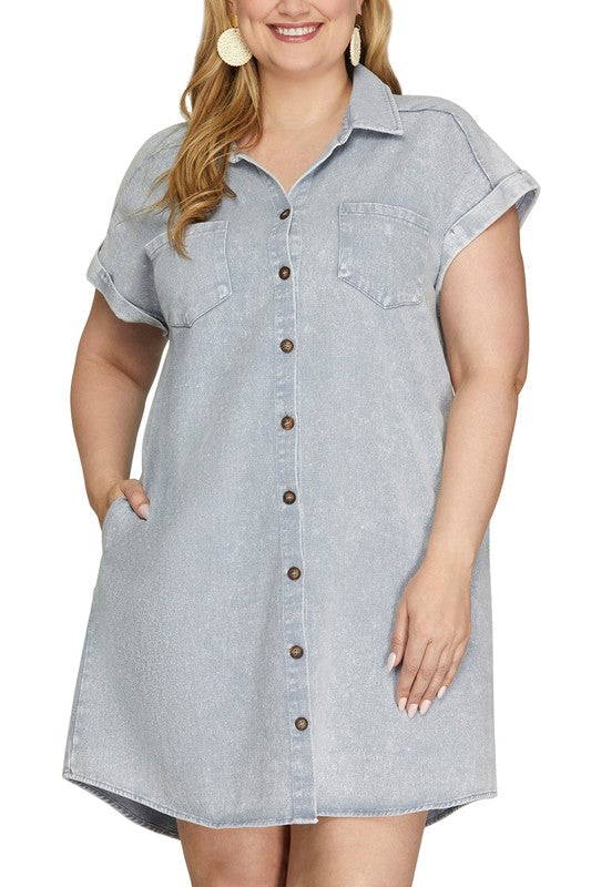 Blue Grey Full Size Folded Cuff Button-Down Shirt Dress Plus Size Casual Simple Women Dress