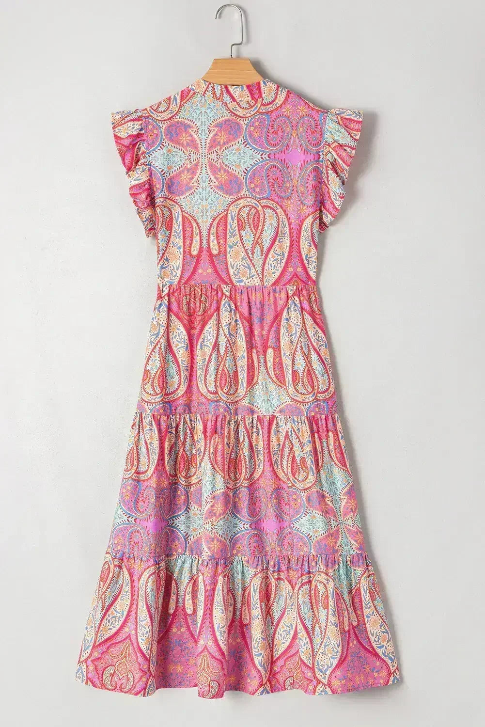 Rose Ethnic Paisley Print Ruffle Sleeve Notch Neck Midi Dress