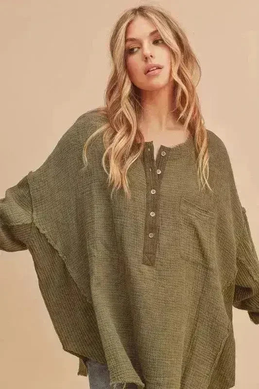 Exposed Seam Raw Hem Top - Edgy Half Button Shirt | Femstylo