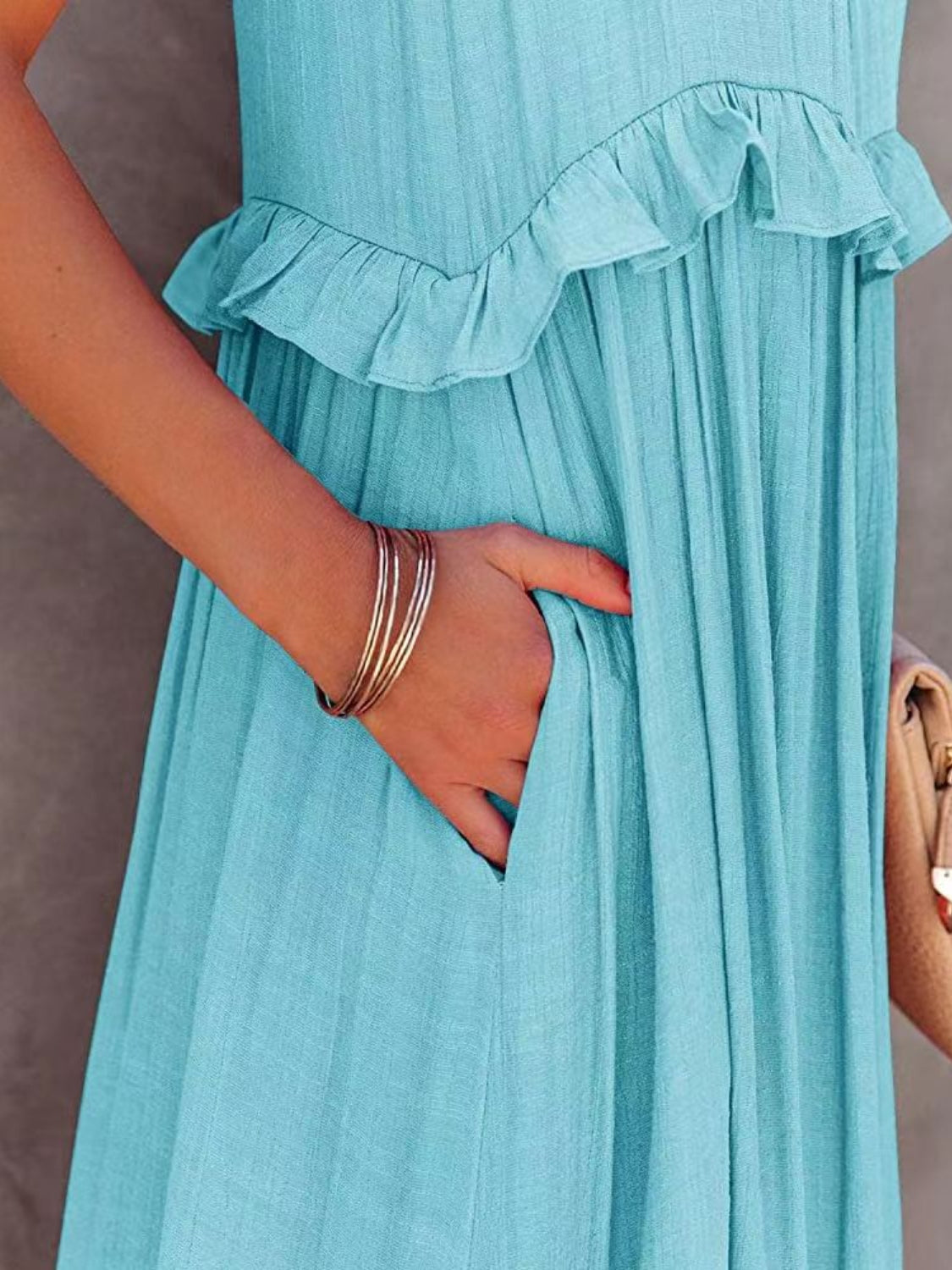 Romantic Ruffled Sleeveless Tiered Maxi Dress with Pockets Elegant & Chic Statement Beautiful Design Dress