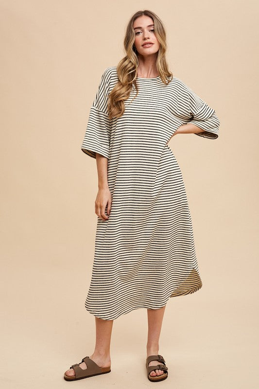 Striped Round Neck Midi Dress Soft & Stylish Classic Design Long Dress