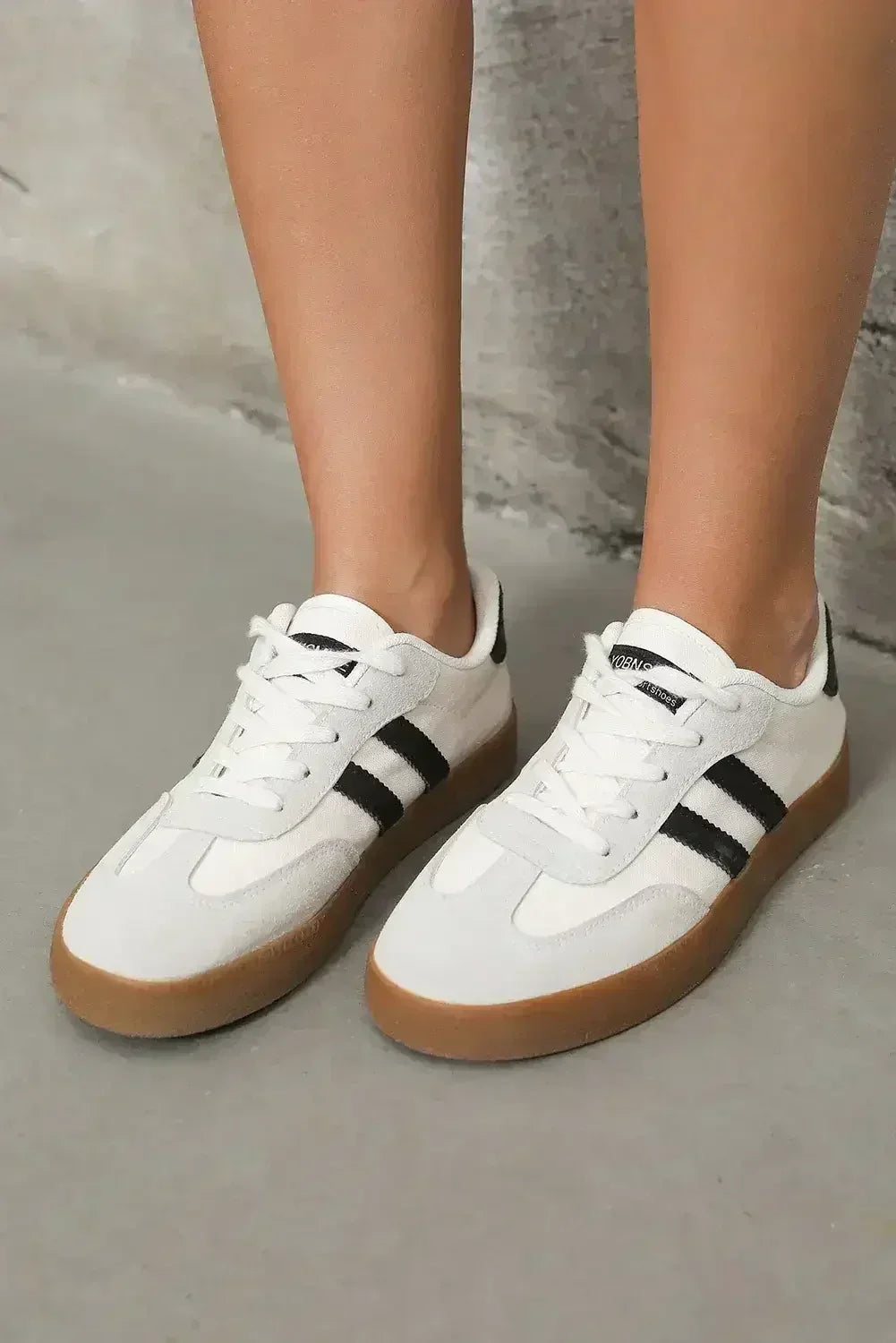White Striped Lace Up Flat Sneakers