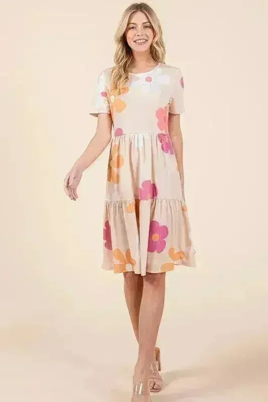 Floral Tiered Summer Dress - Round Neck Short Sleeve | BOMBOM