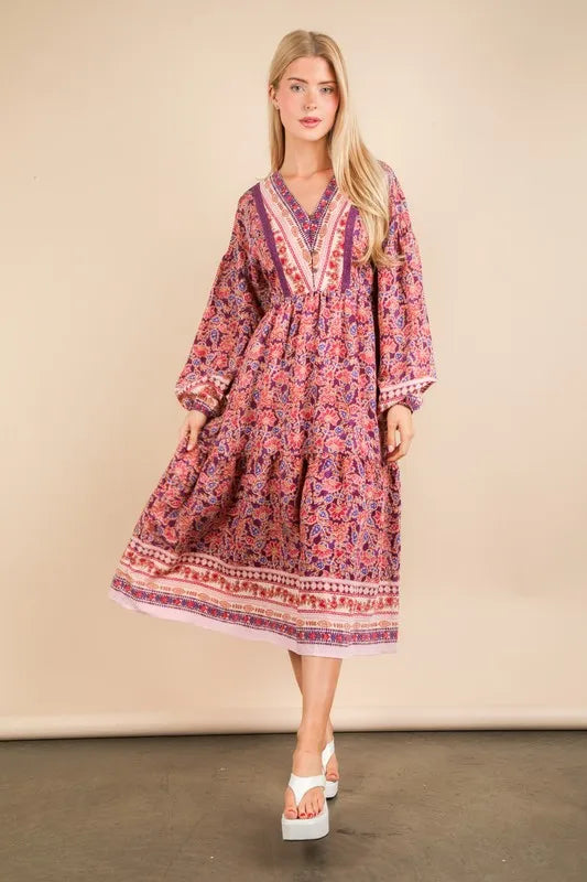 Floral Printed Boho V-Neck Balloon Sleeve Dress For Summer – Boho V-Neck Dress, Balloon Sleeve Dress, Floral Printed Dress, Feminine Boho Dress, Chic Summer Dress