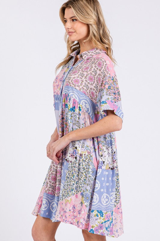 Pink Multicolor Floral Collared Neck Half Sleeve Mini Shirt Dress Feminine Floral Print Dress for Women