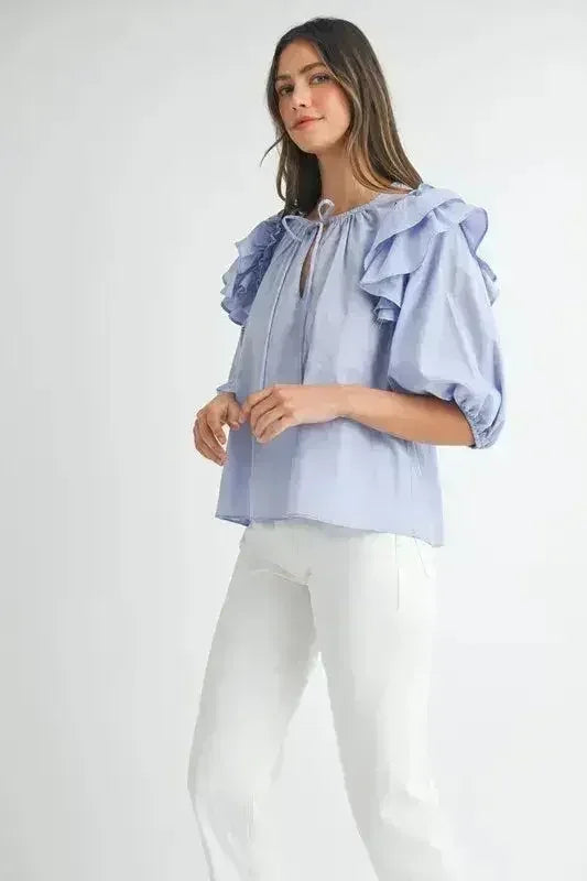 MABLE Stripe Ruffle Shoulder Puff Sleeve Blouse | Femstylo