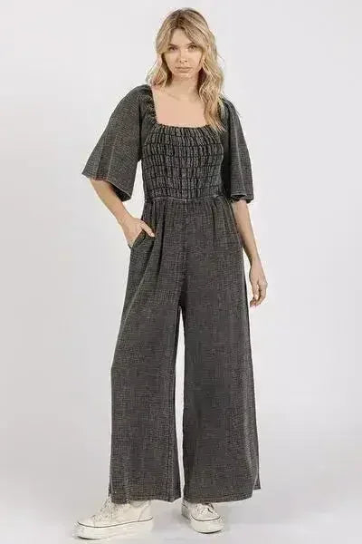 Mineral Wash Gauze Mittoshop Jumpsuit - Ruched Wide Leg Romper | Femstylo